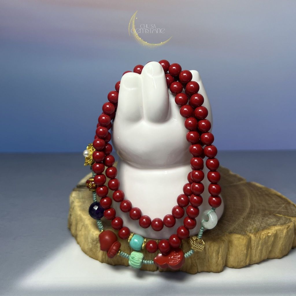VÒNG TAY QUẤN 2 ĐÁ CHU SA PHỐI CHARM HỒ LÔ - CHU SA GEMSTONE