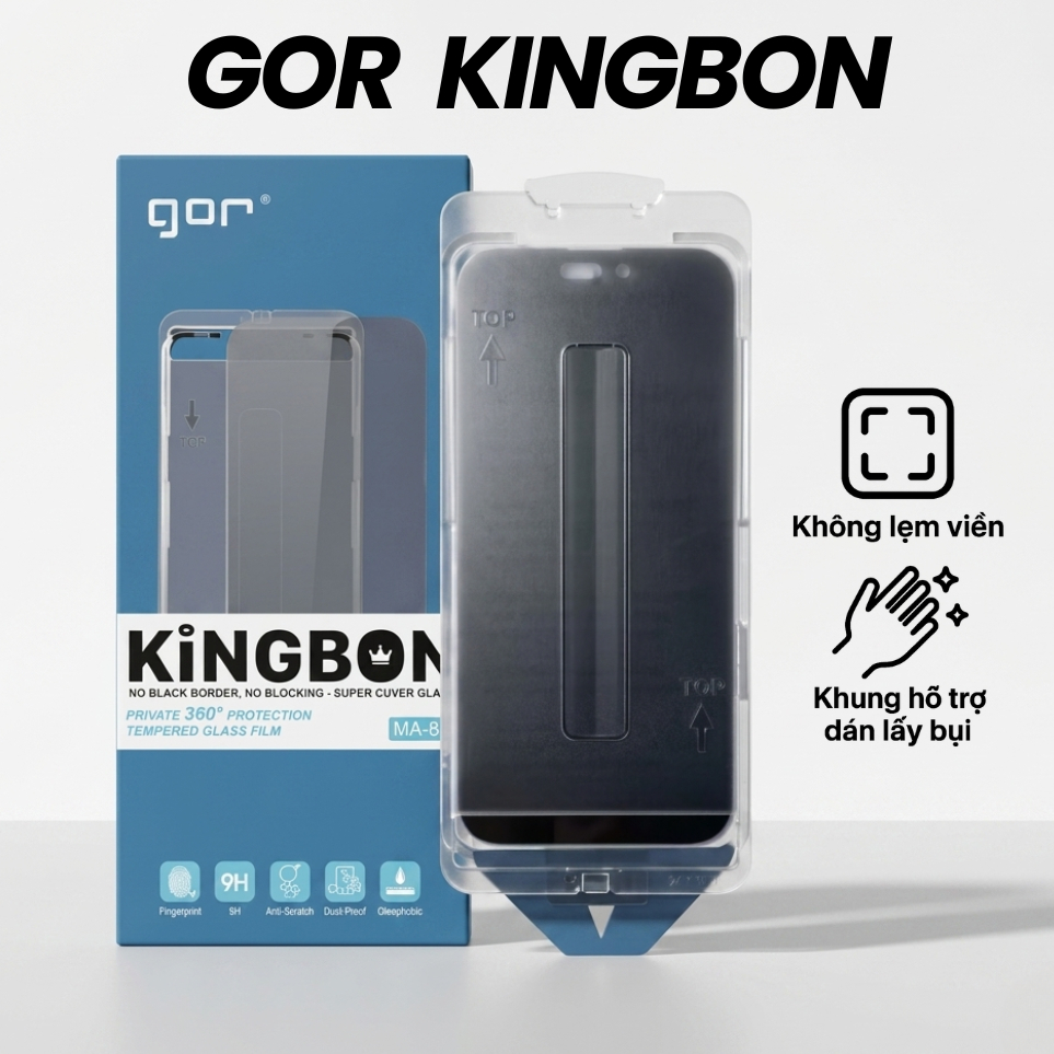 Kính Cường Lực Không Viền Gor Kingbon Kèm Khung Trợ Dán Lấy Bụi Iphone 17 Pro Max 16 Plus 15 14 13