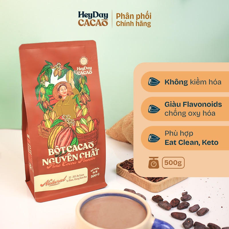 Túi 500g Bột Cacao Nguyên Chất 100% - Dòng Natural Thuần Tự Nhiên, Không Kiềm Hóa - Heyday