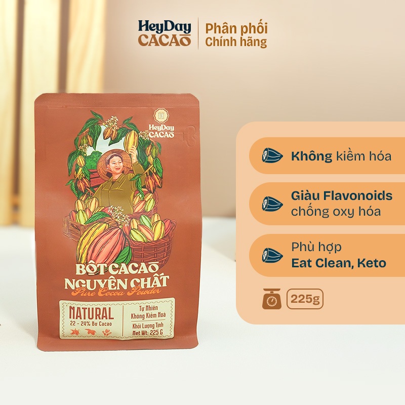 Túi zip 225g - Bột cacao nguyên chất 100% Heyday - Dòng Natural thuần tự nhiên, không kiềm hoá