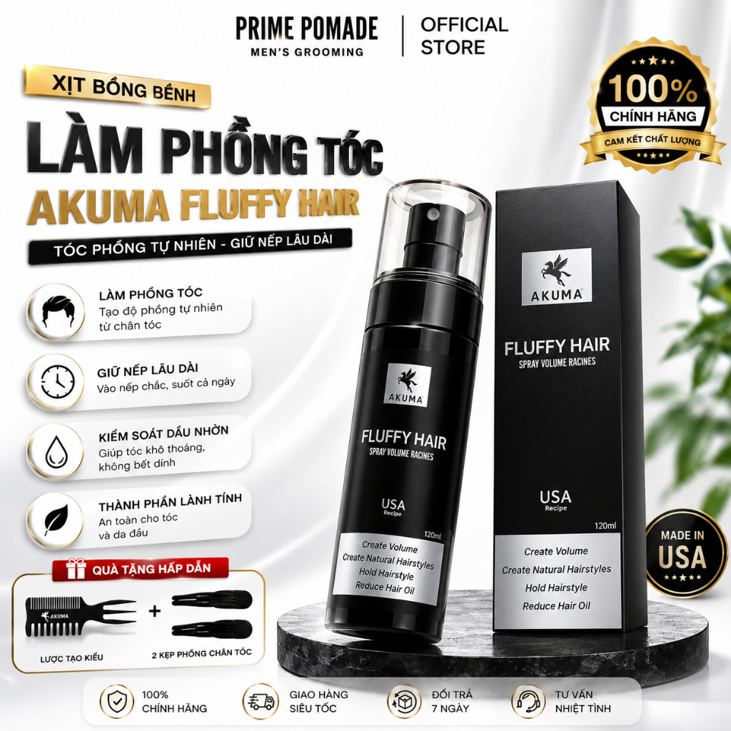 Xịt tạo phồng Akuma Fluffy Hair - Xịt bồng bềnh, Hỗ trợ tạo phồng, kiềm dầu dùng cho cả nam&nữ