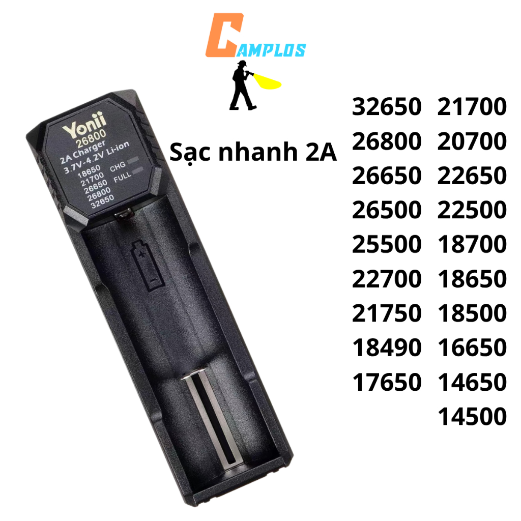 YONII Bộ sạc nhanh 2A 1 khe cắm cho pin 26800 21700 26650 18650 14500 bộ sạc pin lithium Yonii 26800