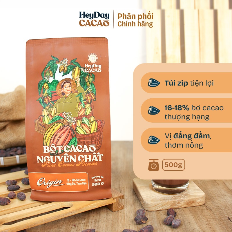 Túi zip 500g Bột cacao nguyên chất 100% Heyday - Dòng Origin thượng hạng - Heyday