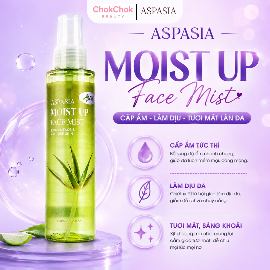 Xịt Khoáng ASPASIA Moist Up Face Mist Nha Đam Cấp Ẩm Làm Dịu Da - HÀNG CHÍNH HÃNG