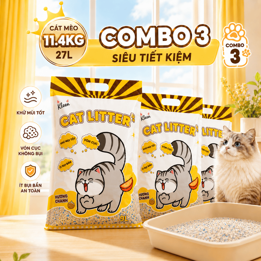 [TỔNG 11KG] Combo Tiết Kiệm 3 Túi Cát Mèo Vệ Sinh Kleen Cat 9l, Cát Mèo Khử Mùi Premium Cat Litter