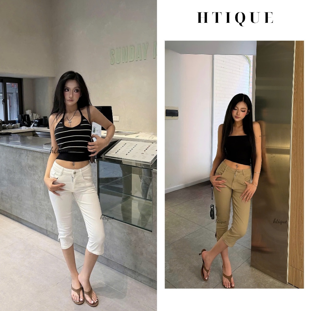 HTIQUE - BST Quần jeans ngố hai màu xẻ gấu điểm nhấn, Quần jean denim cá tính…