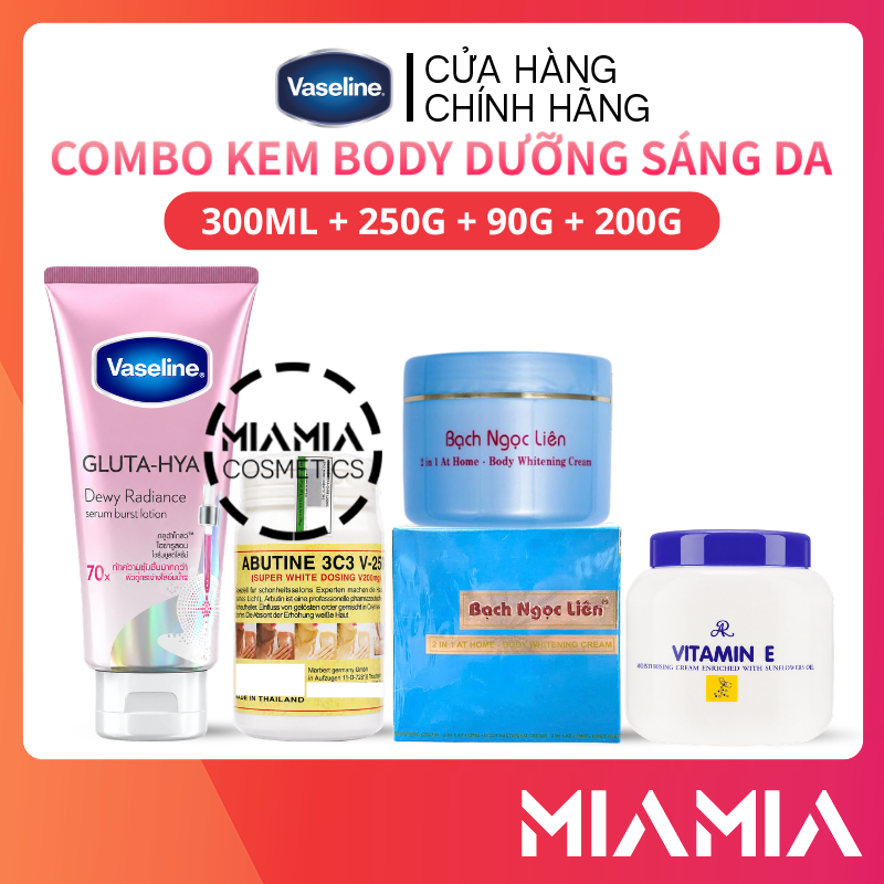 Combo Dưỡng Trắng Da Vaseline Gluta Hya 70x Hồng + Body Bạch Ngọc Liên Xanh + Kích V250 + Vitamin E 