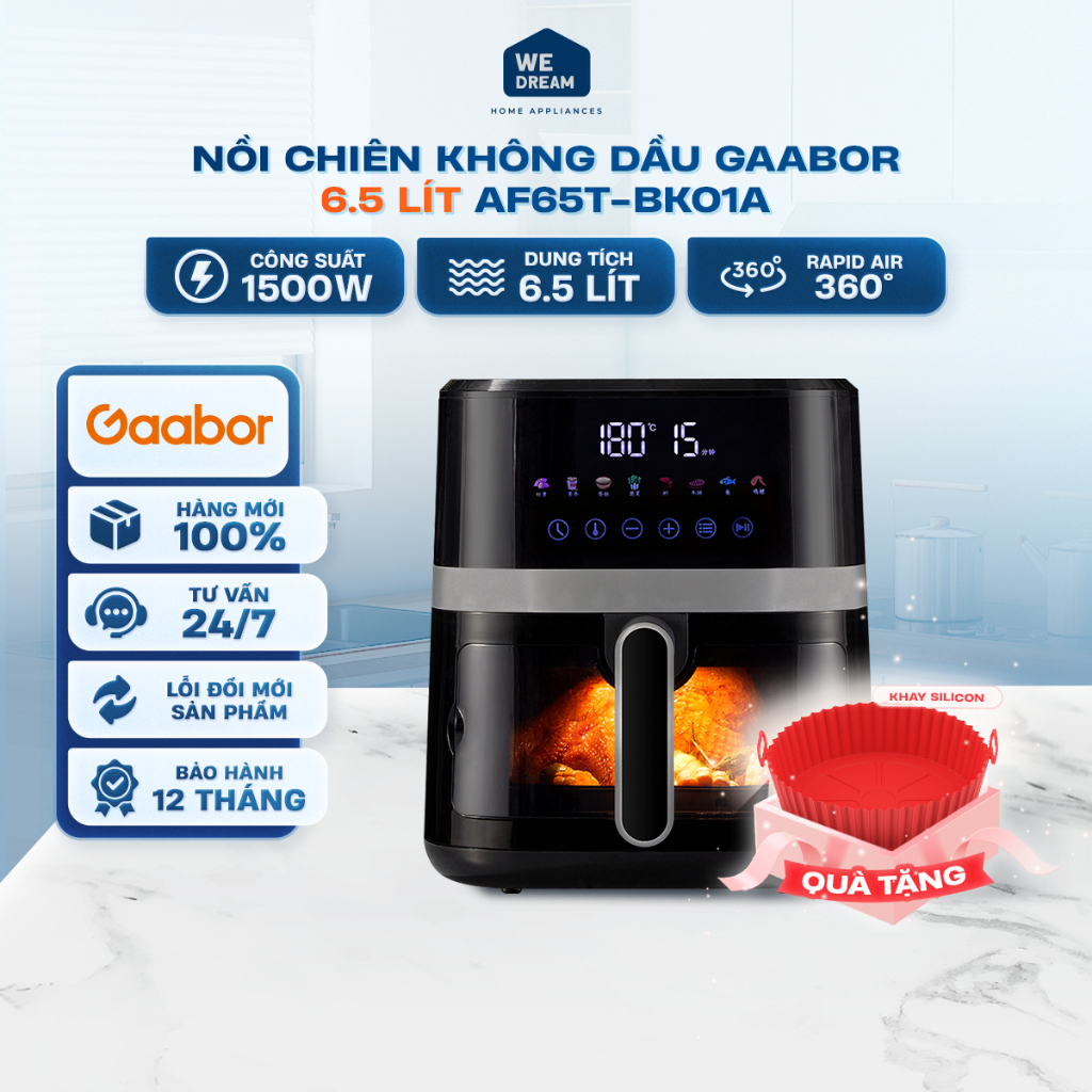 [Tặng khay Silicon] Nồi Chiên Không Dầu Gaabor AF65T-BK01A 6.5L - Hàng Chính Hãng