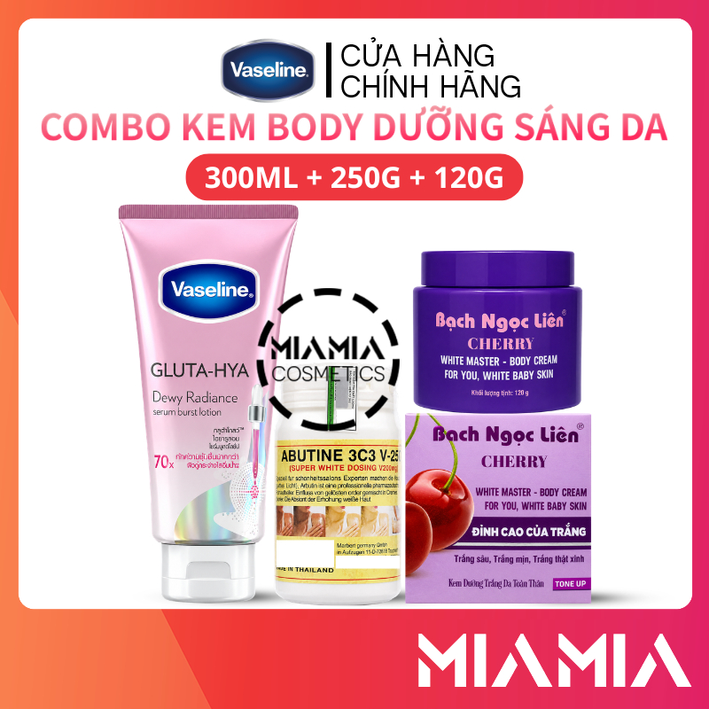 Combo Dưỡng Trắng Da Kem Body Cherry Bạch Ngọc Liên + Kích Abutine 3C3 + Vaseline Gluta Hya 70x Hồng