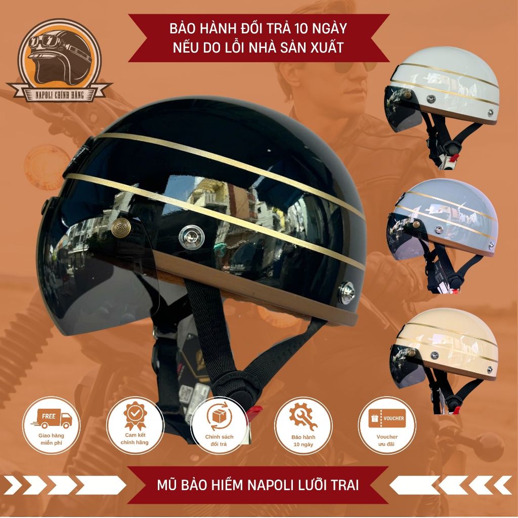 Mũ Bảo Hiểm Napoli Kính Nam Châm 1/2 CHÍNH HÃNG - Nón Bảo Hiểm Nửa Đầu Napoli Harley N120 - N04