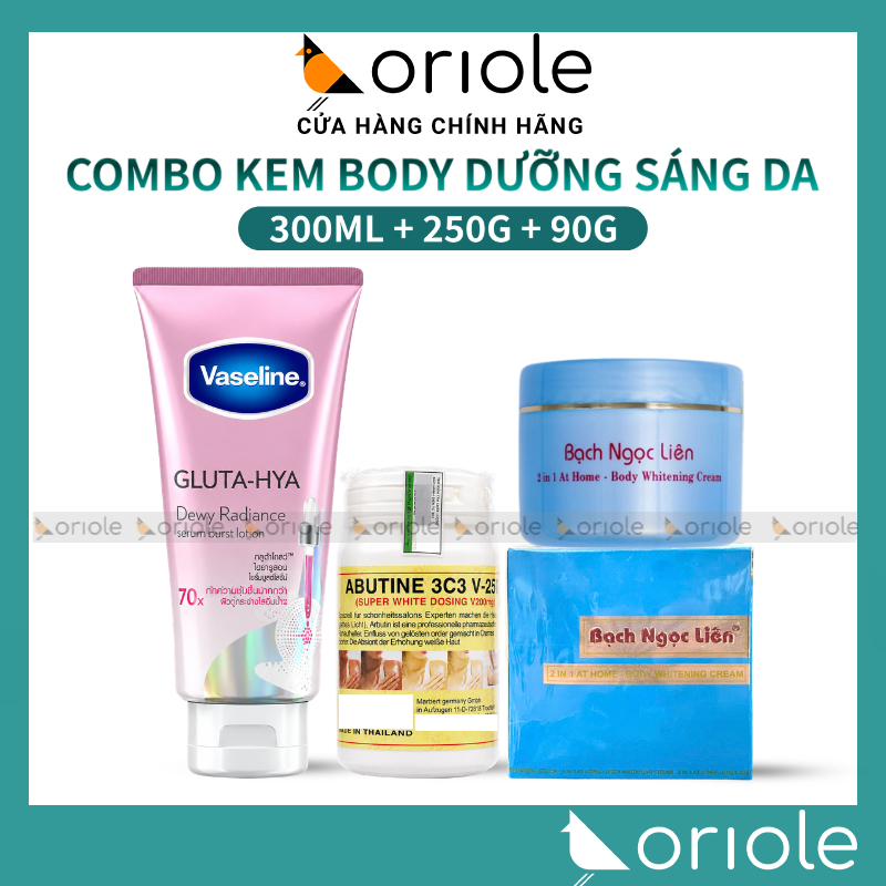 Combo Dưỡng Trắng Body - Kem Body Bạch Ngọc Liên Xanh + Vaseline Gluta Hya 70x Hồng + Kích Trắng V25