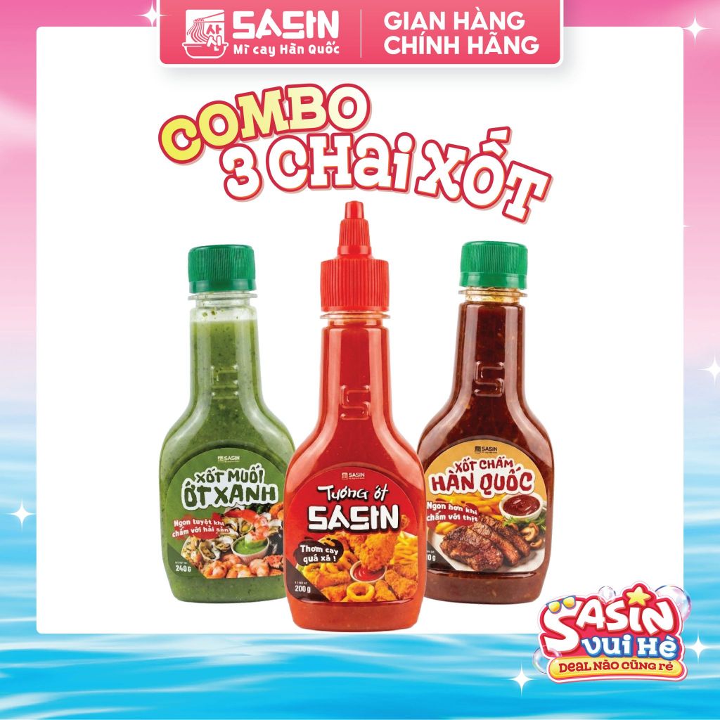 [KOL] Xốt chấm Sasin 3 chai (1 Tương ớt Sasin 200g+ 1 Xốt Muối ớt xanh 240g+ 1 Xốt Chấm Hàn Quốc 210