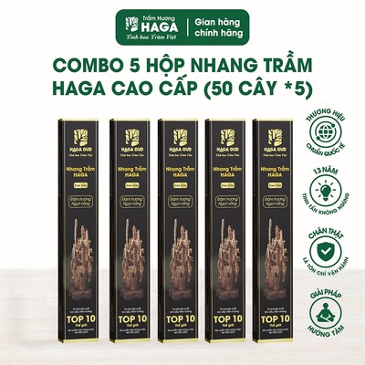 [TẶNG 1 NHANG] 5 hộp Nhang trầm hương tự nhiên HAGA Cao Cấp, ít khói, thơm trầm thờ cúng, an toàn, 50 câyX5/ 30cm