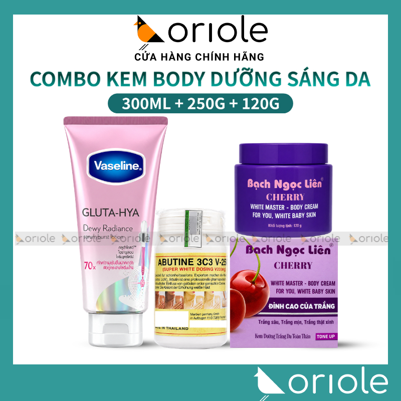 Combo Dưỡng Trắng Body - Kem Body Cherry Bạch Ngọc Liên + Vaseline Gluta Hya 70x Hồng + Kích Abutine