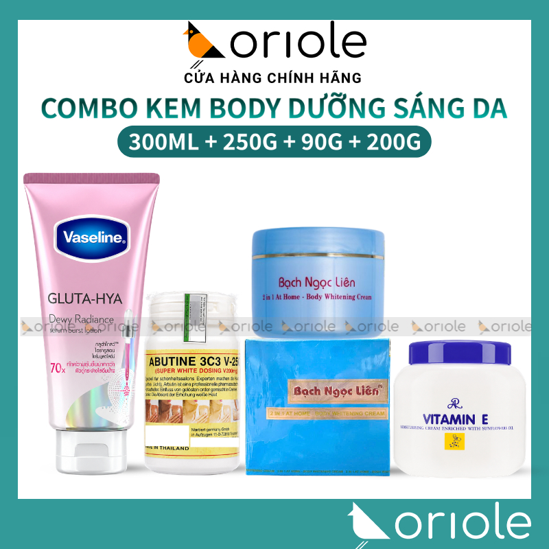 Combo Dưỡng Trắng Body - Kem Body Bạch Ngọc Liên Xanh + Kích V250 + Vaseline Gluta Hya 70x Hồng + Vi
