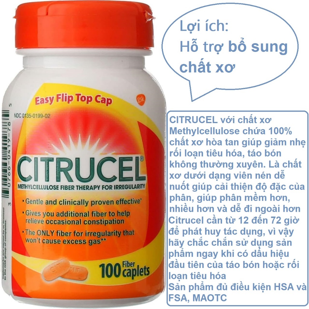 Chất xơ CITRUCEL cho trẻ em và người lớn của Mỹ