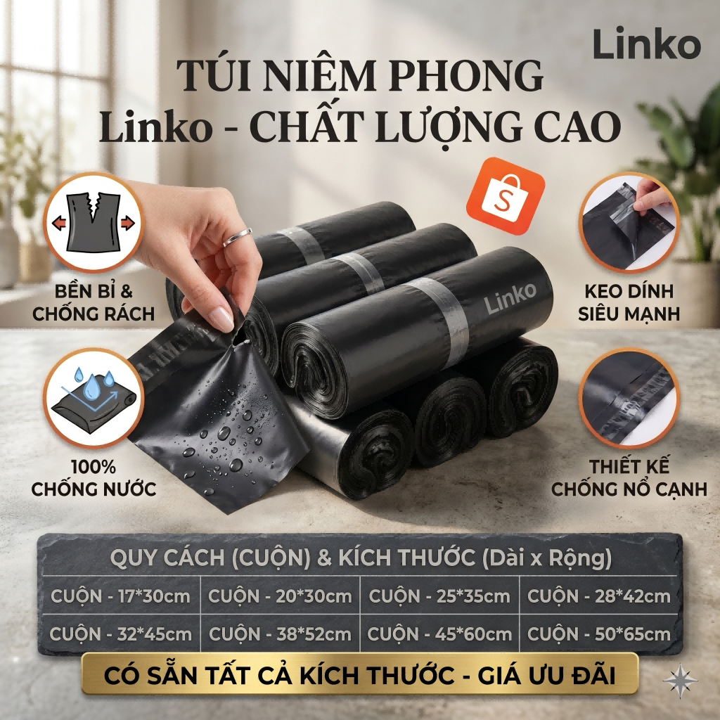 Túi Niêm Phong Đen LINKO Cao Cấp - Nhựa PE Siêu Dày Dẻo Dai Chống Thấm Nước Đủ Size 17x30-50x65