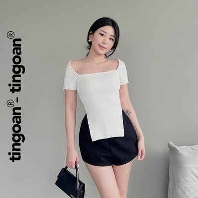 TINGOAN® - Áo len xù lượn viền xẻ vạt thân trắng SHORT CAKE TOP/WH