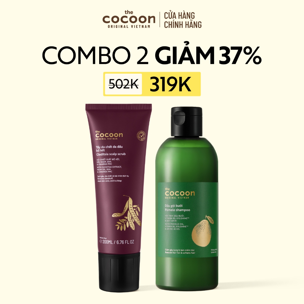[MUA 2 GIẢM 37%] Combo Dầu gội bưởi 310ml + Tẩy da chết da đầu bồ kết Cocoon 200ml