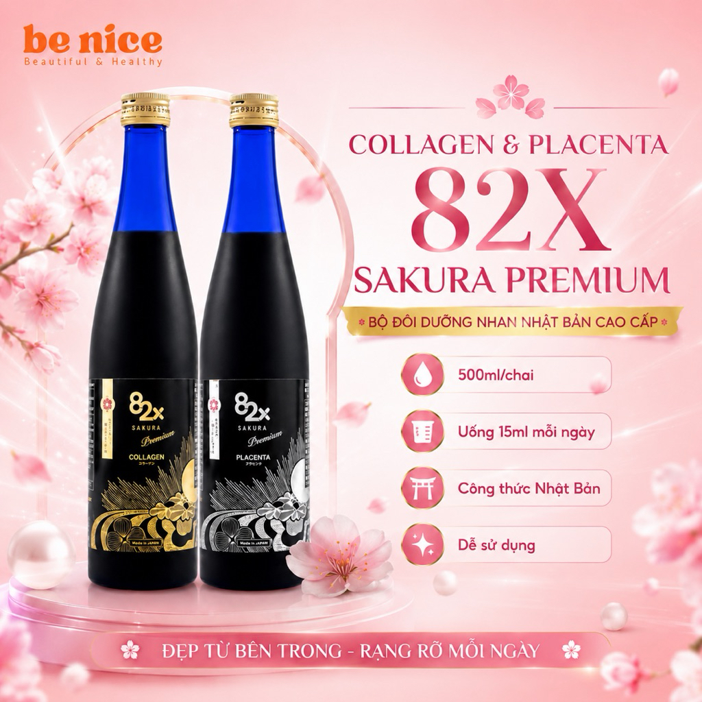 Nước Uống 82X Sakura Premium Collagen Placenta Nhật Bản 500ml Đẹp Da - Be Nice