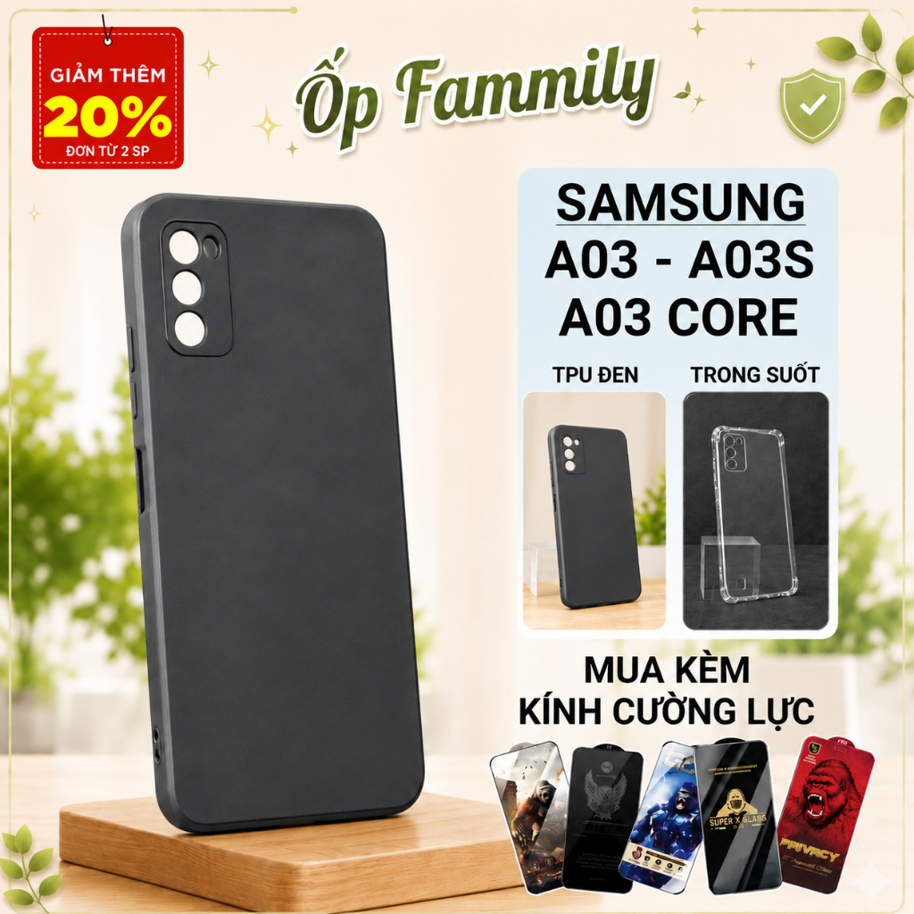 Ốp lưng Samsung A03, A03s, A03 Core Ốp Family trơn màu đen | Ốp điện thoại SS galaxy dẻo bảo vệ came