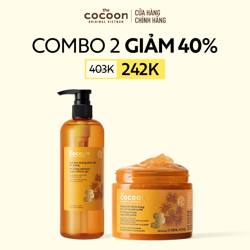 Combo 1 Gel tắm đường thốt nốt 500ml + 1 Hũ Tẩy da chết cơ thể đường thốt nốt An Giang Cocoon 200ml