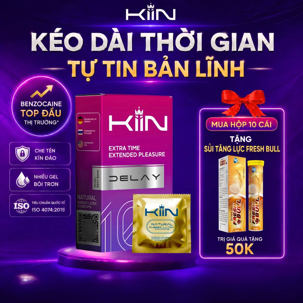[TẶNG SỦI] Bao Cao Su KIIN Delay Kéo Dài Cuộc Yêu 7% Benzocaine, Mỏng Nhiều Gel Bôi Trơn Gân Gai