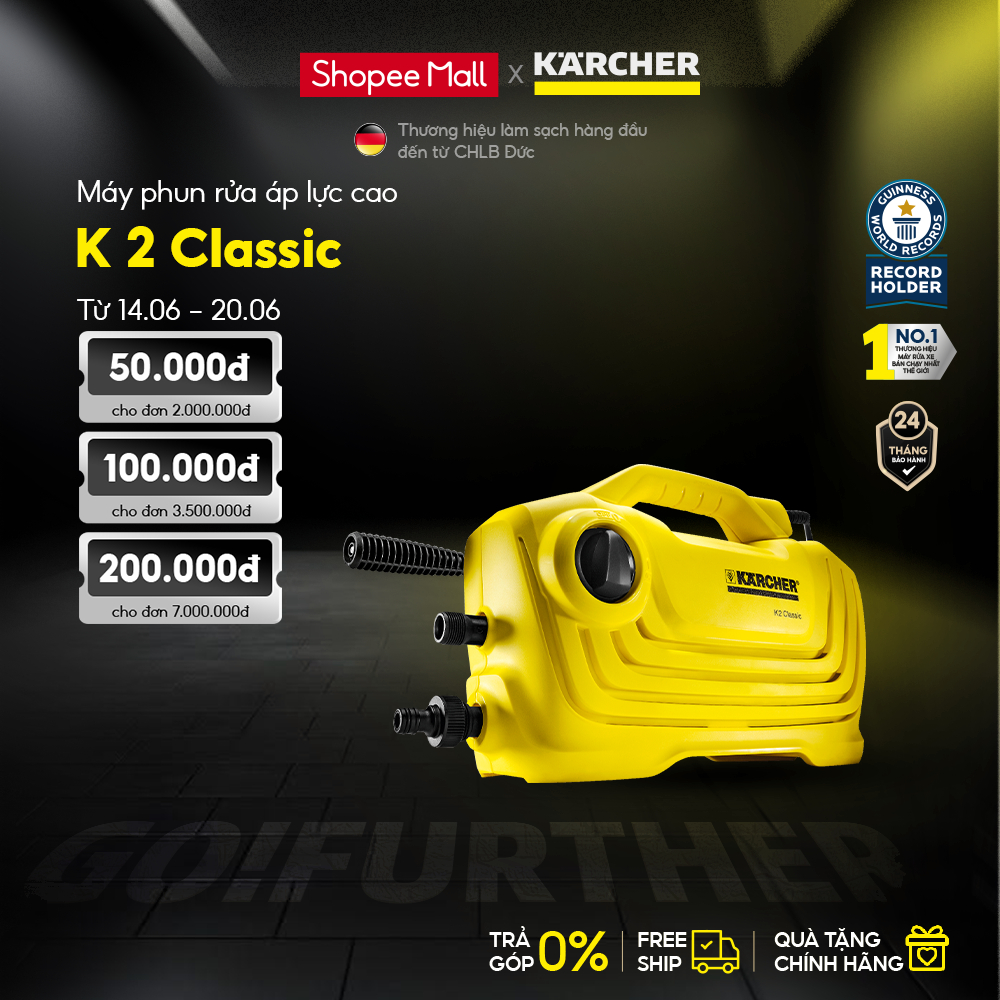 Máy Rửa Xe KARCHER Cầm Tay K 2 Classic - Công suất 1400W - Động cơ chổi than giúp Làm Sạch Xe Máy, S