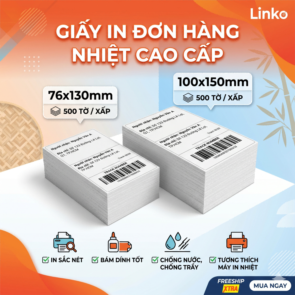 Giấy In Nhiệt Cao Cấp LINKO 76x130/100x150 Chống Thấm Nước Kháng Dầu 500 Tờ