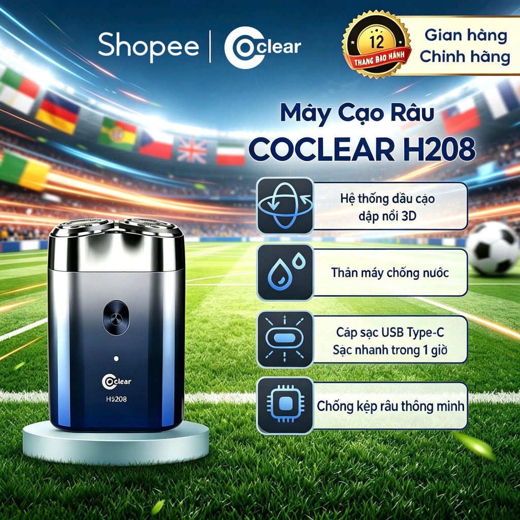máy cạo râu điện coclear HS208 Lưới dao kép 3D sạc qua type-C cạo ướt hay khô điều được  bảo hành 1 
