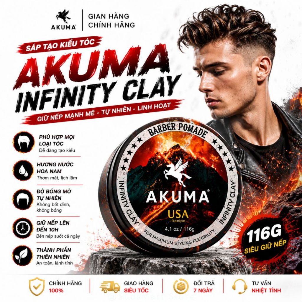 AKUMA Infinity Clay và Royal Pomade Chính Hãng - Sáp Vuốt Tóc Nam 56g-116g, Gôm, Akuma