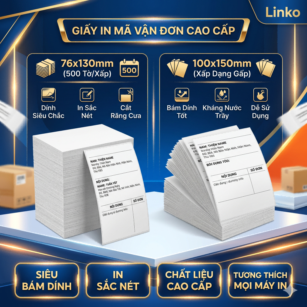 Giấy In Shopee TikTok Tự Dính LINKO 100x150mm / 76x130mm Dễ Bóc Chuẩn Xấp 500T