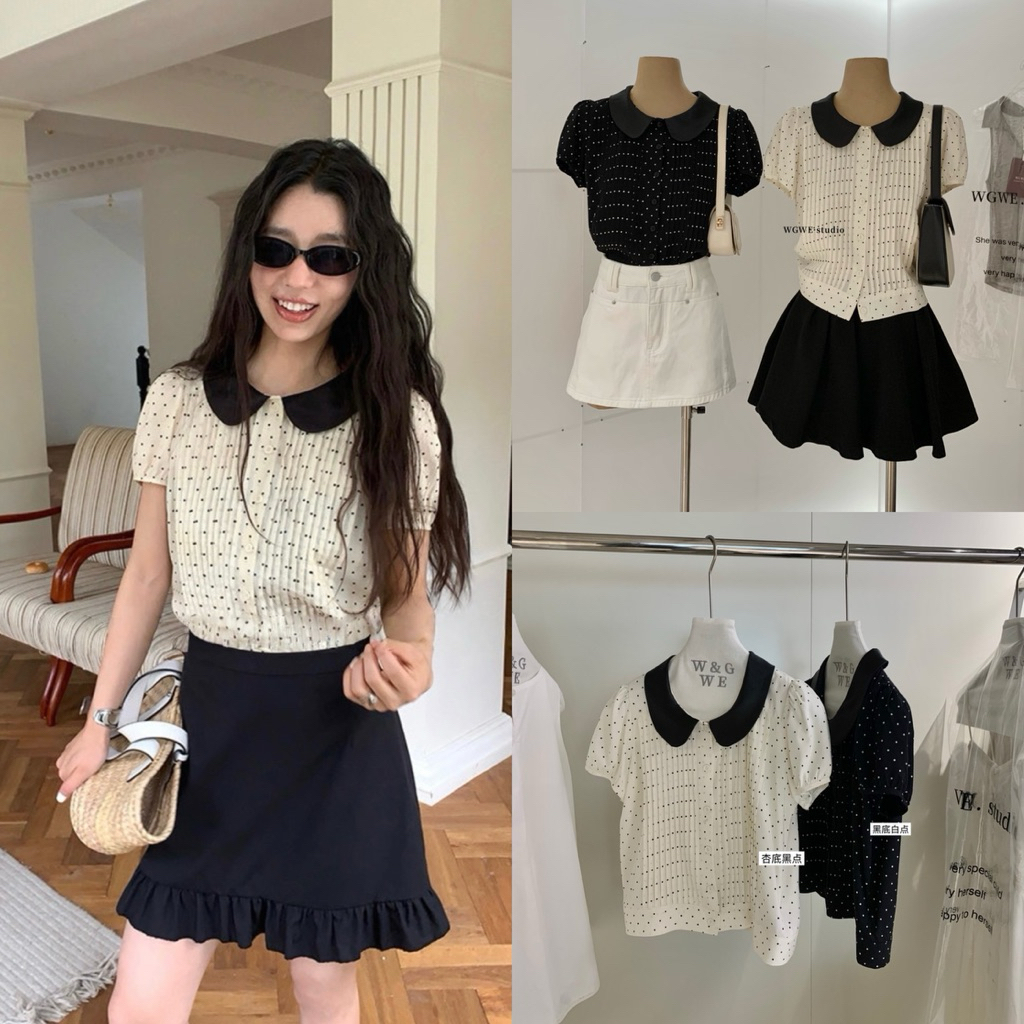 𝑵𝒏𝒂 𝒔𝒕𝒖𝒅𝒊𝒐 / WGWE / #9972 Áo sơ mi chấm bi cổ sen tay bồng tiểu thư Hàn Quốc