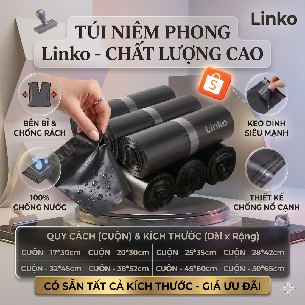 Túi Gói Hàng Đen LINKO Cao Cấp - Keo Dính Siêu Mạnh Chống Rách Chống Nước Đủ Size 17x30-50x65