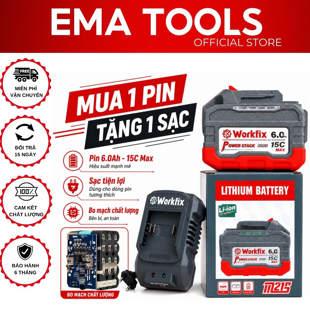 Pin 15 Cell WORKFIX WF-BK6015MAX 6Ah Max CELL EVE – Dòng Xả 15C, Pin Lithium-ion Vỏ ABS Bọc Cao Su, 