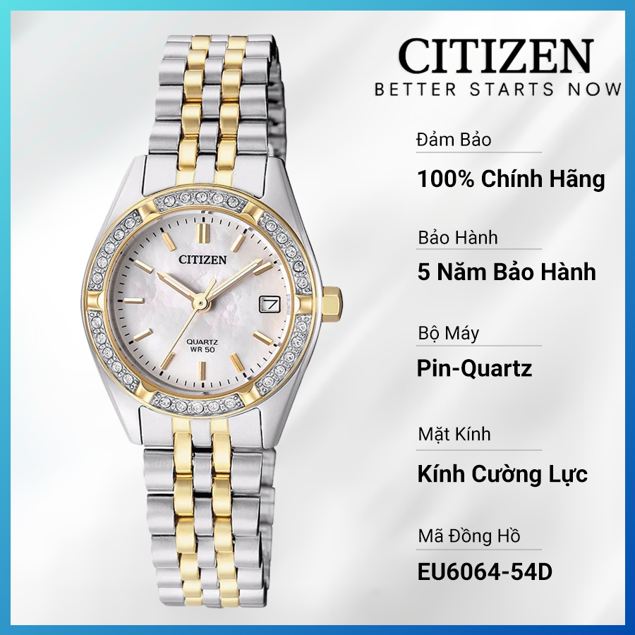 Đồng Hồ Nữ Citizen Pin-Quartz Đính Đá Swarovski Dây Thép Không Gỉ EU6064-54D - Mặt Xà Cừ (26mm)
