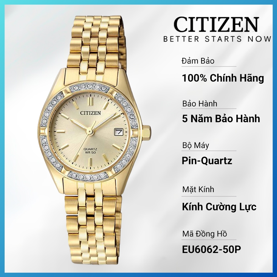 Đồng Hồ Nữ Citizen Pin-Quartz Đính Đá Swarovski Dây Thép Không Gỉ EU6062-50P - Mặt Vàng (26mm)