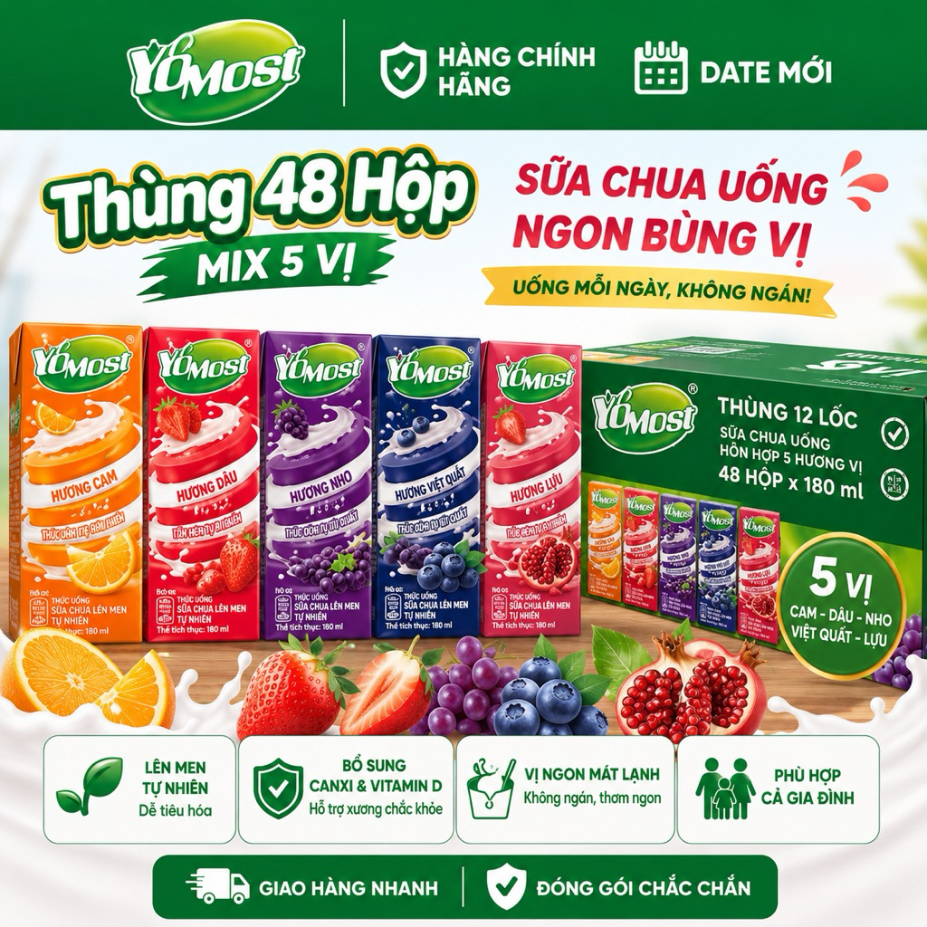 (Mix đủ vị) Thùng 48 Hộp Sữa Chua Lên Men Tự Nhiên Yomost (170ml/Hộp) Date Mới•Hoả Tốc•Chính Hãng