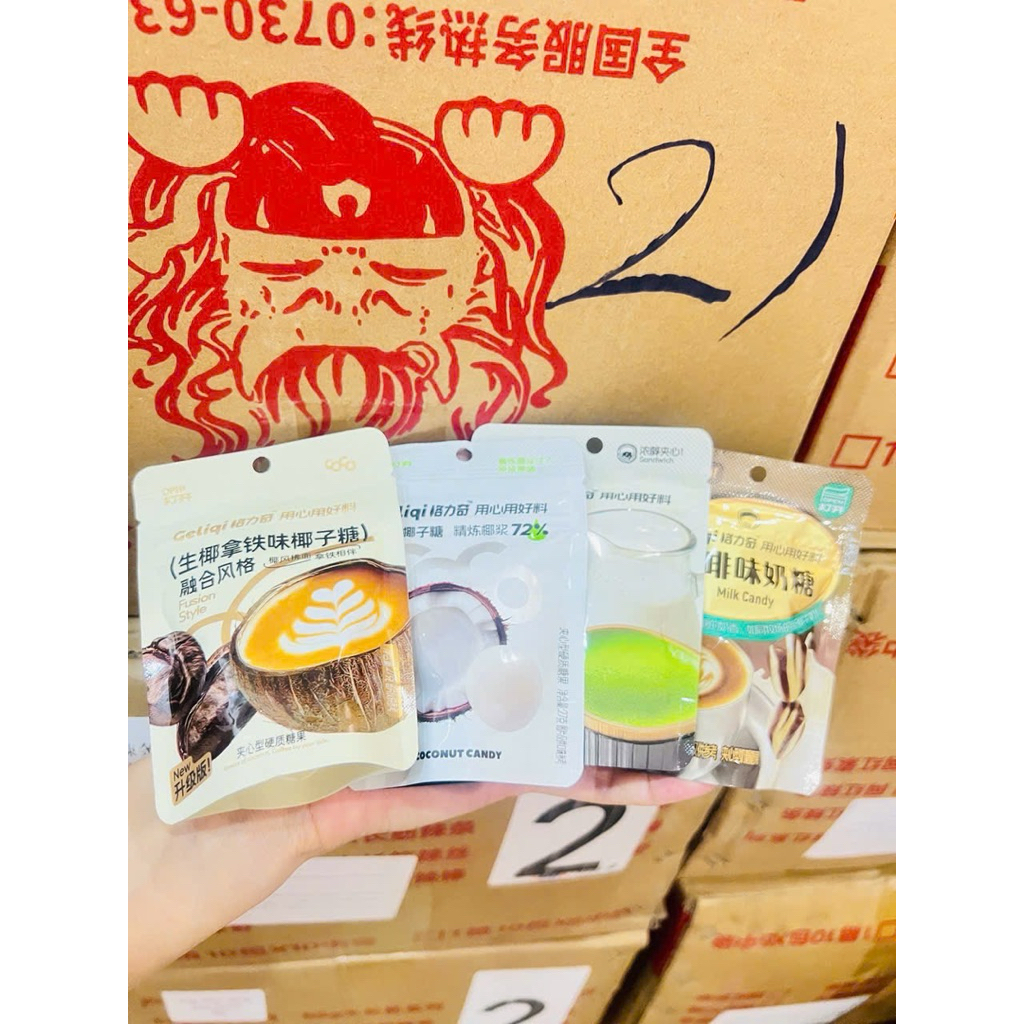 Combo 10 gói kẹo Geliqi mix vị - dâu , đậu , capuchino ,  sữa dừa