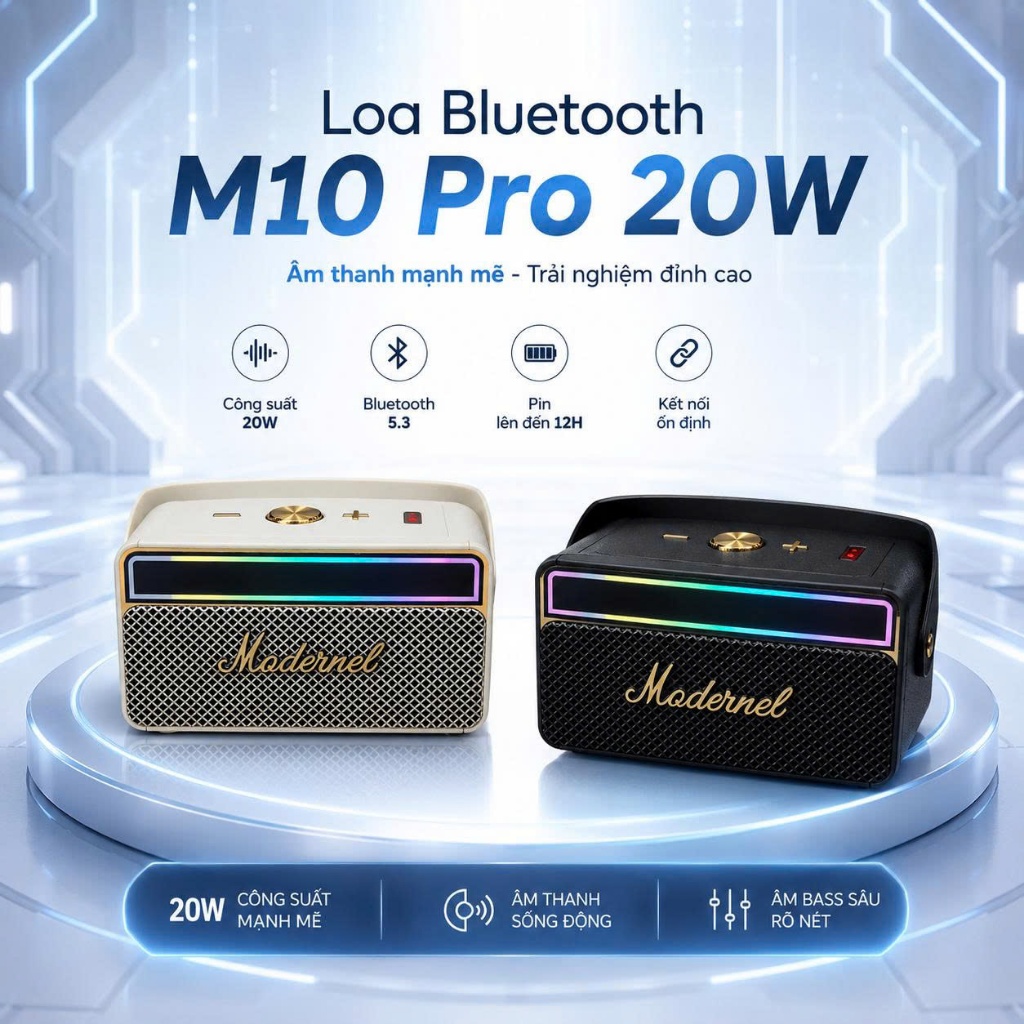 💎 Loa Bluetooth M10 Pro, công suất 20W, có dải Led sáng, nút điều chỉnh, tích hợp thẻ nhớ, BASS CỰC 