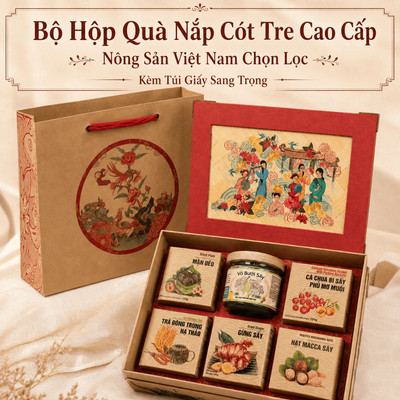 Bộ Hộp Quà Nắp Cót Tre Cao Cấp, Nông Sản Việt Nam Chọn Lọc, Nắp Cót Tre Độc Đáo In Sắc Nét, Có Kèm Túi Giấy