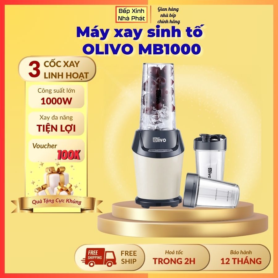 [Chính hãng] Máy xay sinh tố đa năng OLIVO MB1000, công suất 1000W, 3 cốc xay,BH 12 tháng, thiết kế 