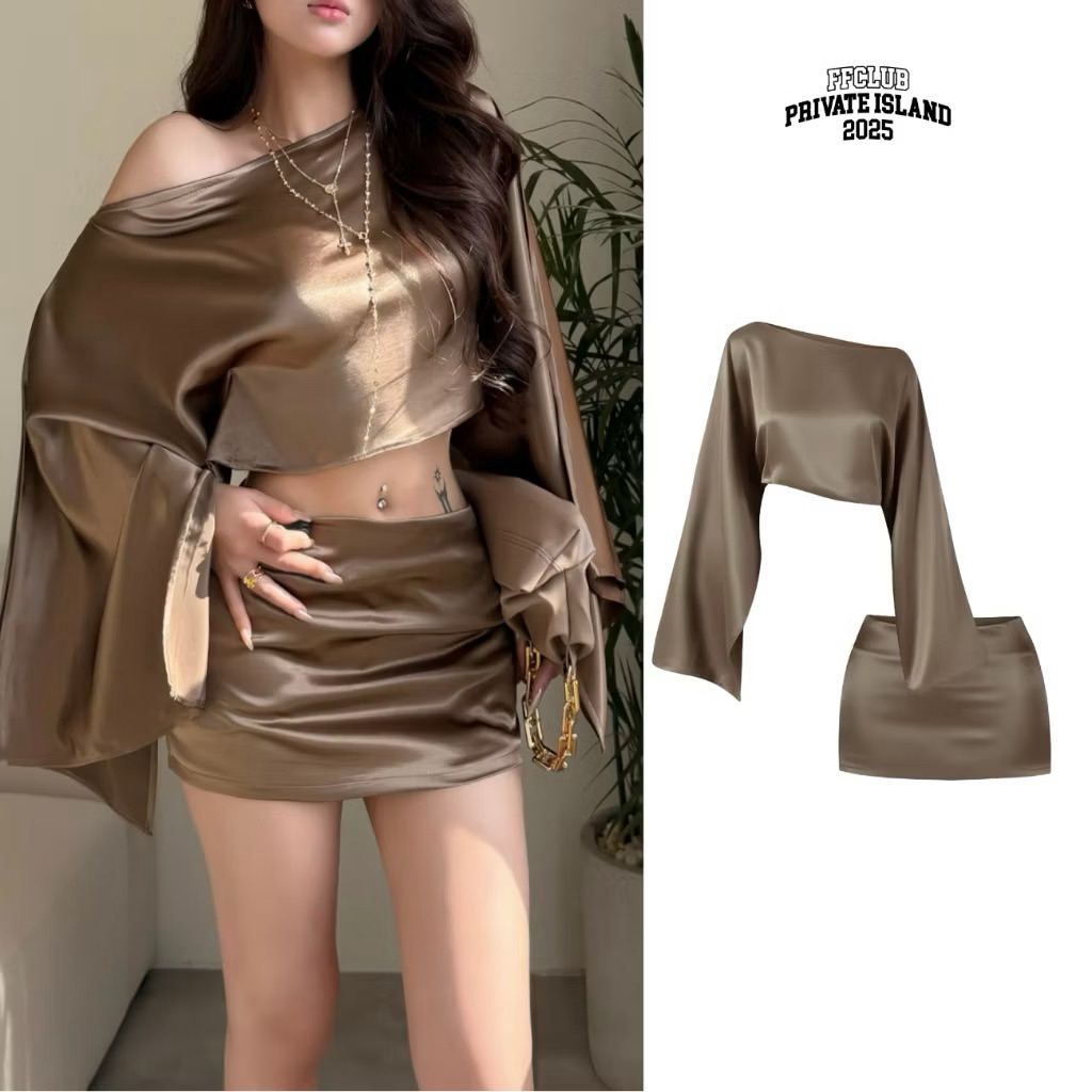 [THANH LÝ/PASS] SIZE M_ [FFCLUB] Set Áo lụa form Crop trễ vai CROISSANT đi kèm chân váy Lụa 2 lớp
