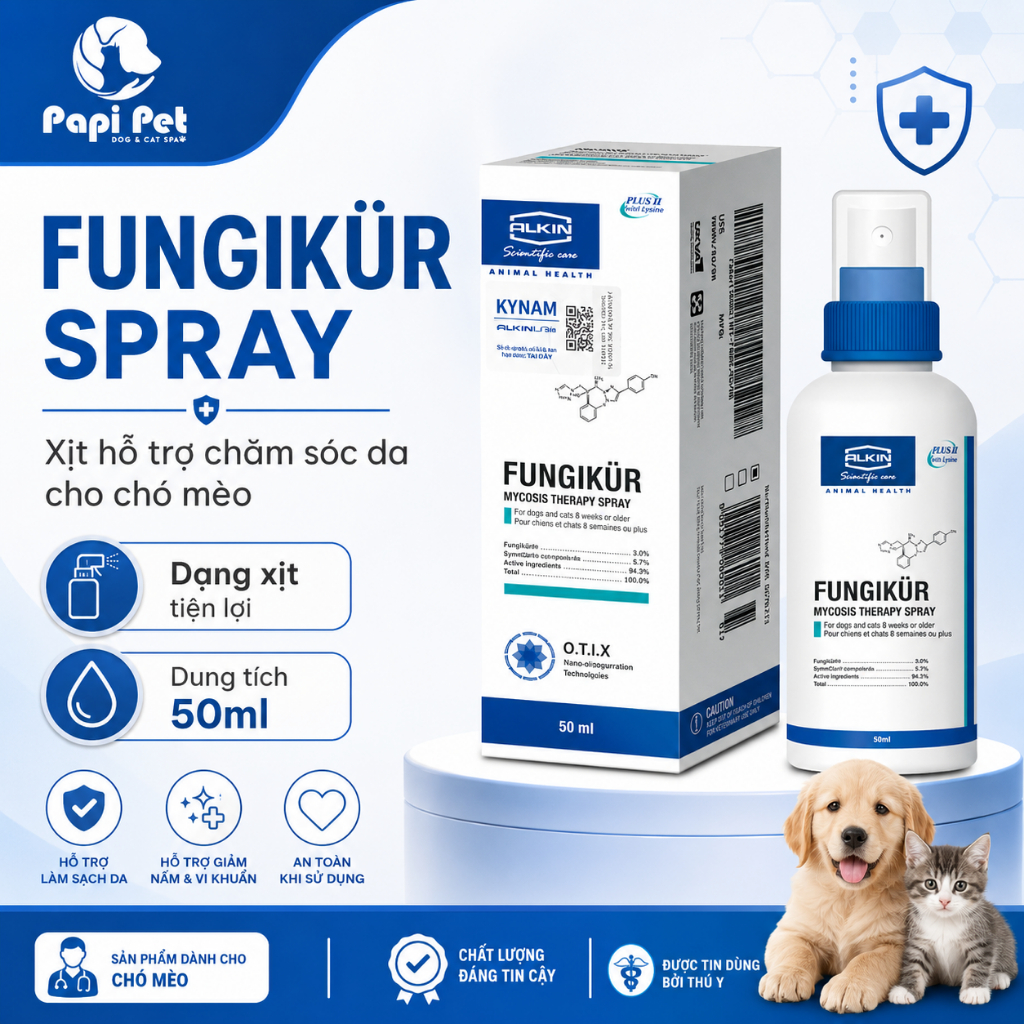 [CHÍNH HÃNG] Xịt hỗ trợ nấm da chó mèo ALKIN FUNGIKUR 50ml - Papi Pet Shop