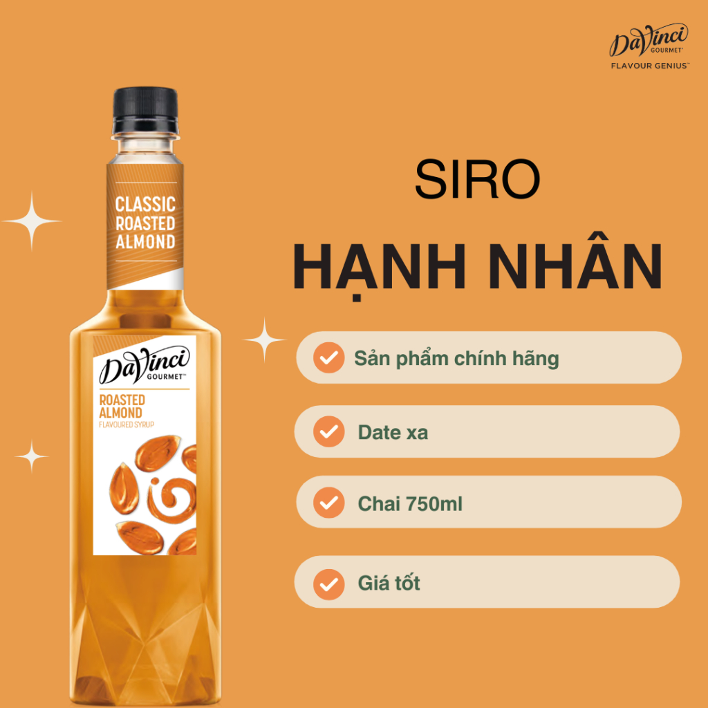 Siro HẠNH NHÂN RANG Davinci gourmet date xa thơm béo chuẩn pha chế