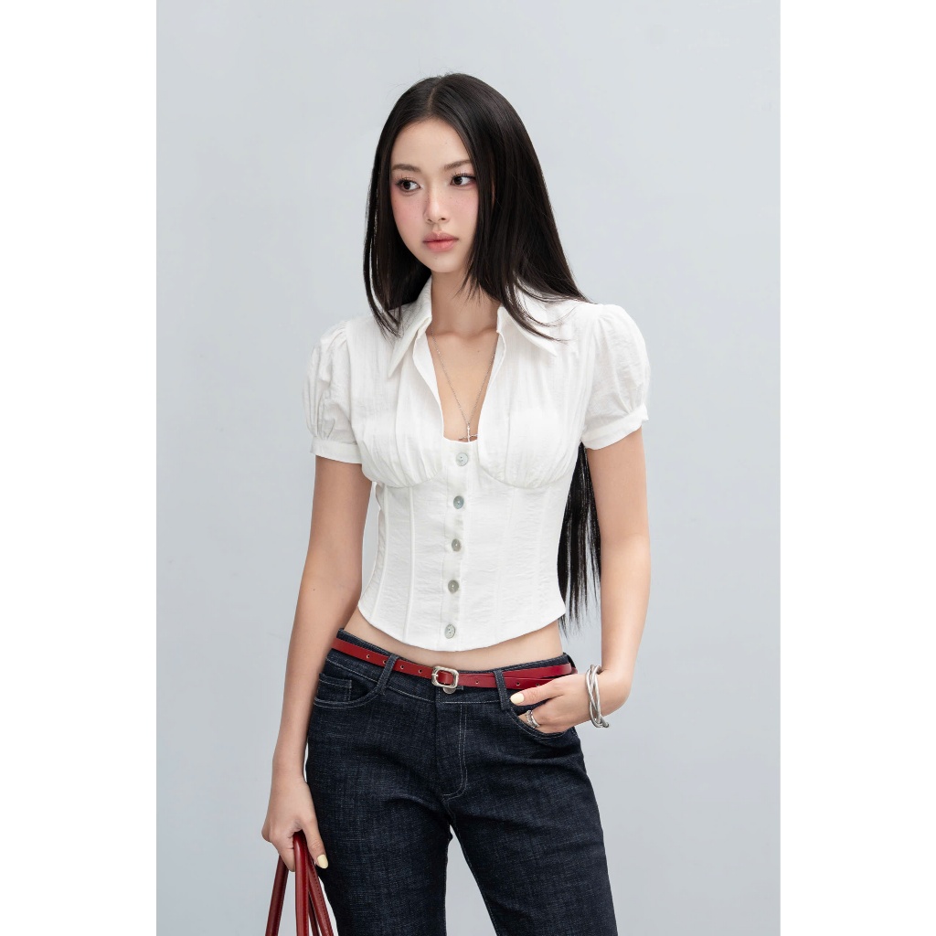 Áo cổ sơ mi kiểu corset hở lưng trắng Fein Top -  HOO DESIGN