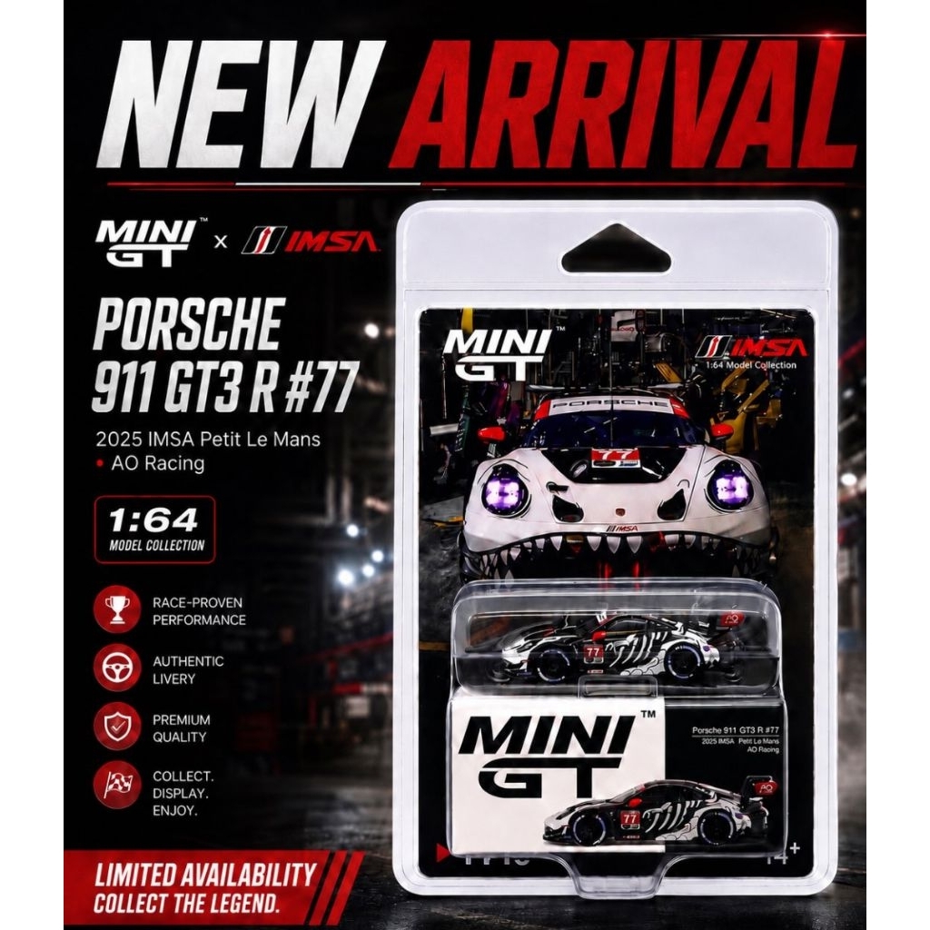 MINI GT Porsche 911GT3 R #77 AO Racing“Rexy”2024 IMSA Daytona 24 Hrs Xe Mô Hình 1:64 Diecast Sưu Tầm