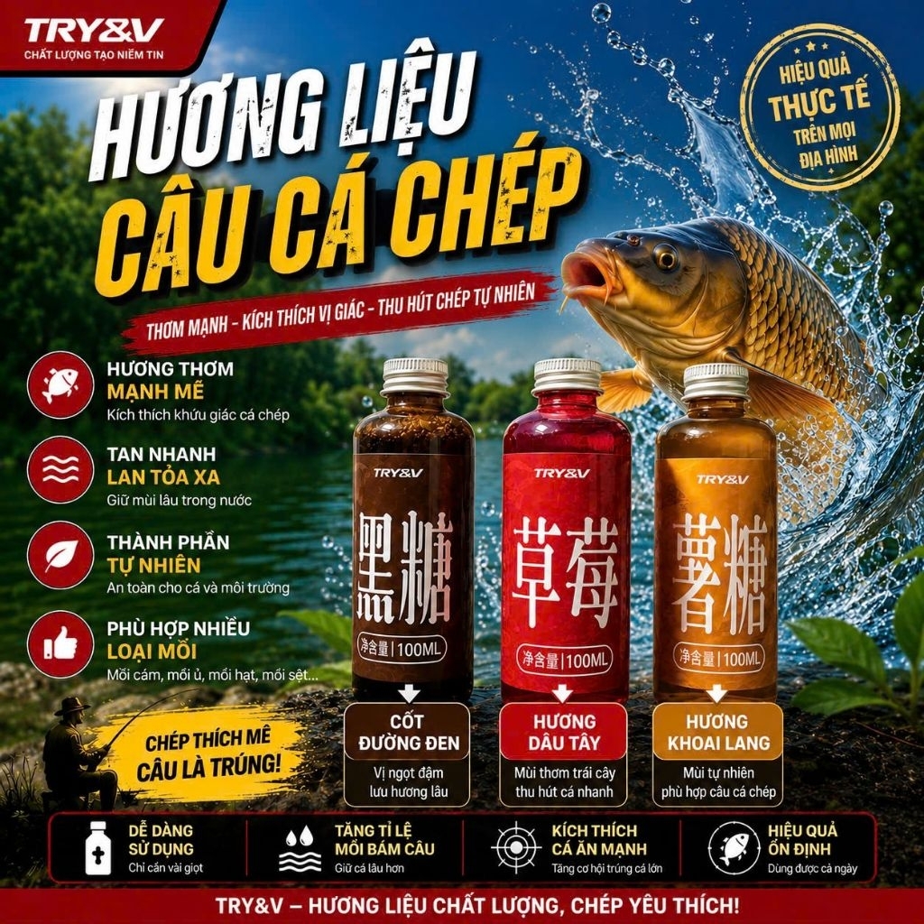 Hương liệu Chuangwei Try&V chuyên dùng trong câu đài, câu cá chép.