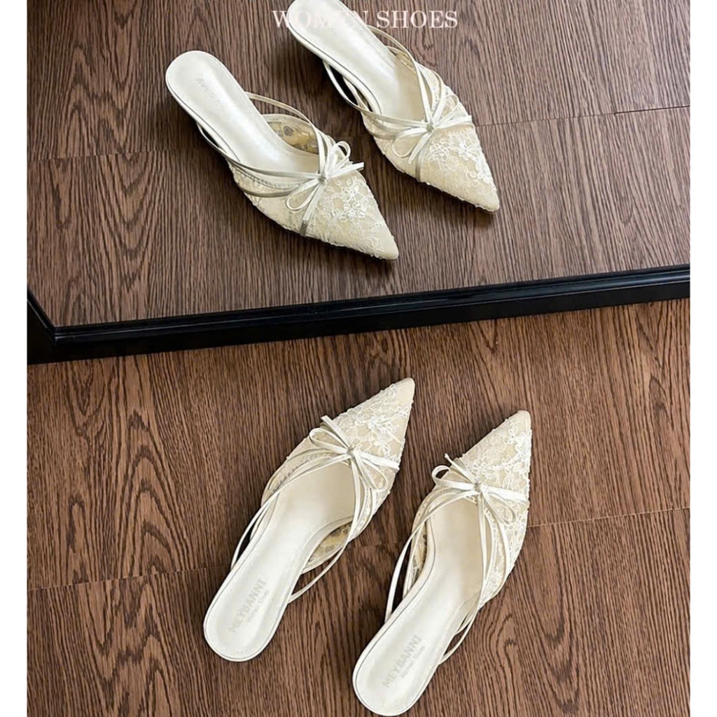 Giày Sục Mũi Nhọn 𝙔𝙐𝙇𝙄𝙉𝘼 Phối Nơ Lưới Ren Siêu Xinh tiểu thư - A05