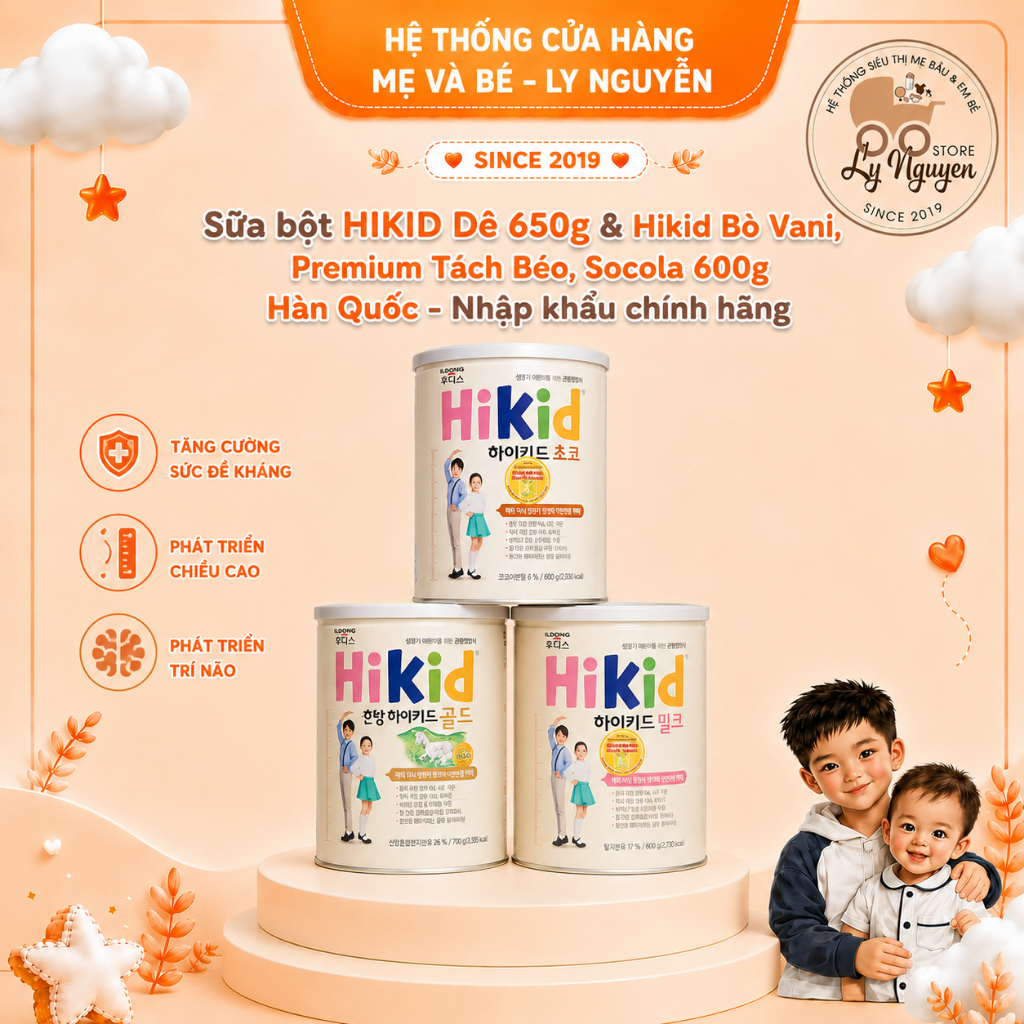 [LyNguyenStore] Sữa bột HIKID Dê 650g & Hikid Bò Vani, Premium Tách Béo, Socola 600g Hàn Quốc - Nhập